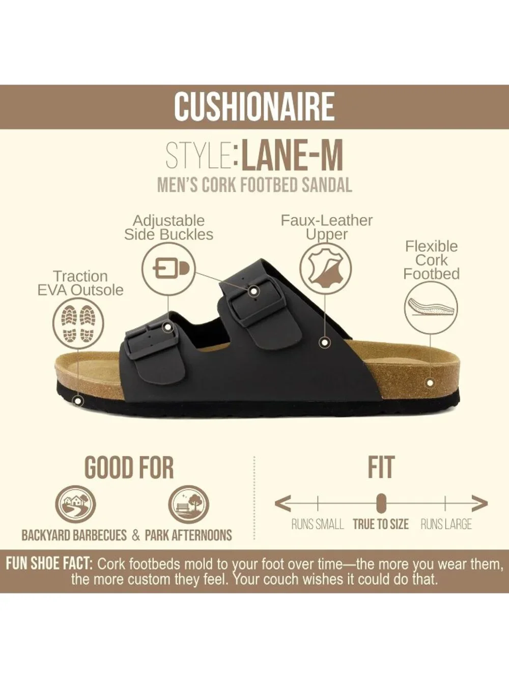 Men's All Black Lane Cork Footbed Sandals Adjustable Buckle Comfort Slides
